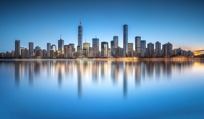 Fototapeta premium Spectacular Skyline of Modern City Reflected in Serene Waters at Twilight