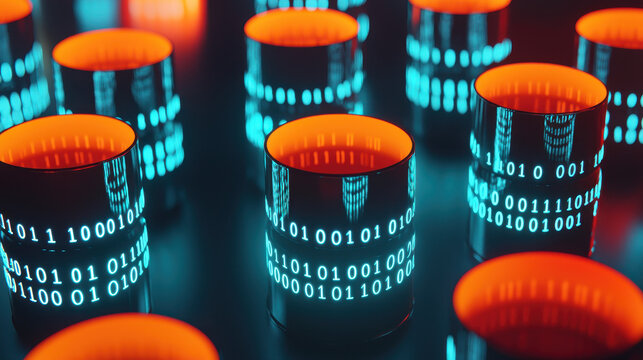 Digital containers with glowing binary code create futuristic atmosphere