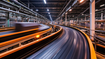 complex network of conveyor belts moving packages in warehouse