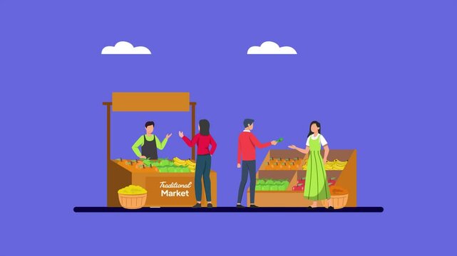 Animated video Outdoor street market concept. Full length animation illustration. High quality 4k footage.