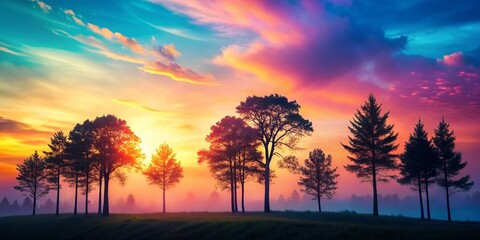 Naklejka premium Pastel Forest Silhouette: Dreamy Tree Silhouettes Against Soft Sky Background - Paper Texture