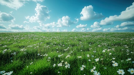 Expansive meadow filled with wildflowers under a bright blue sky with fluffy clouds