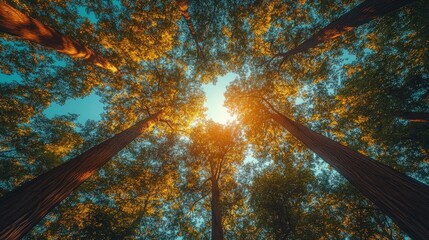 Sunlight filtering through tall trees in a vibrant forest, creating a serene and peaceful atmosphere
