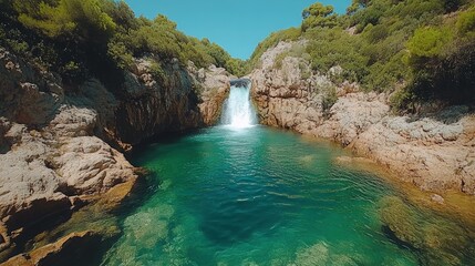 Serene waterfall cascading into a crystal-clear pool surrounded by lush greenery in nature
