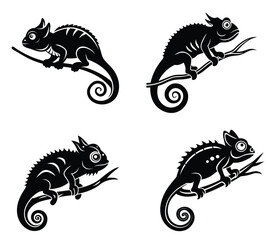 Chameleon Silhouette Vector Icon - Exotic Reptile Perched on a Branch