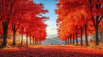 Fototapeta premium Vibrant autumn landscape featuring a pathway lined with fiery red trees and scattered leaves