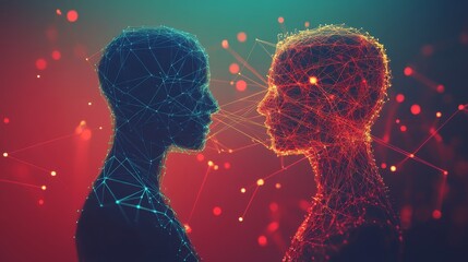 Two abstract human figures connected by a glowing bond, symbolizing unity and connection in a minimalist design.