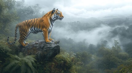 Majestic tiger perched on a rocky outcrop, surveying a misty jungle landscape at dawn