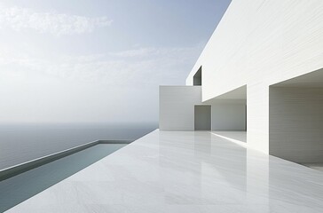 Obraz premium Minimalist Modern Architecture with Infinity Pool Overlooking the Sea on a Bright Day