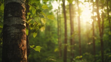 Obraz premium Sunlit forest with glowing green foliage