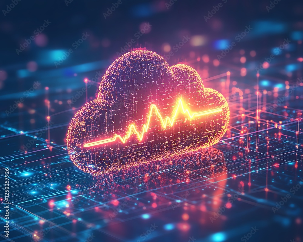 Poster health data security represented by cloud icon with heartbeat