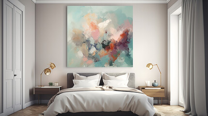 Abstract art piece in light-filled bedroom
