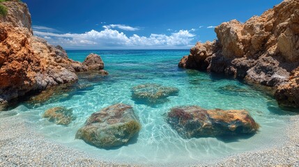 Fototapeta premium Serene coastal scene showcasing clear turquoise waters, rocky formations, and a bright blue sky