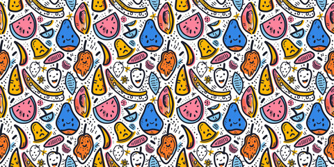 Fototapeta premium Cartoon hand-drawn doodles on the subject of summer holidays theme seamless pattern