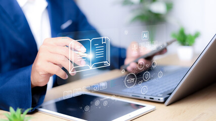 E-learning program certificate and online education learning workshop training.Male and female students icons virtual screen and Video lesson online classes on the internet.