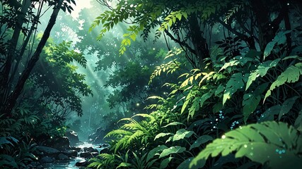 Lush Sunlit Jungle with Sparkling Stream