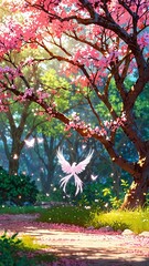 Enchanted Cherry Blossom Forest with Glowing Phoenix