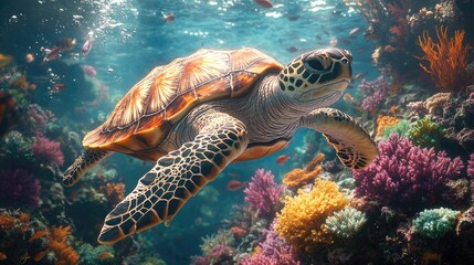 Colorful underwater scene featuring a sea turtle swimming gracefully among vibrant coral reefs