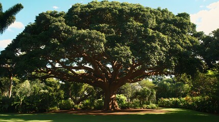 Majestic ancient tree stands tall in lush green garden