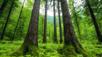 Obraz premium Dense Green Forest with Tall Trees and Lush Underbrush Captured in Natural Light in a Vibrant Ecosystem of Nature's Beauty and Serenity