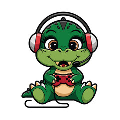 Cute Gamer Dinosaur Vector Illustration – T-Rex with Headset and Game Controller