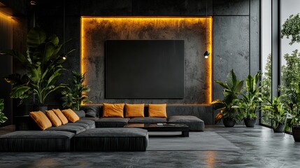 Modern dark living room, mockup poster, city view, plants, interior design