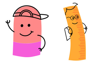 School funny office supplies characters. School stationery mascots with smile faces compass, book, marker, pen, backpack, eraser, globe, paints, calculator, bell, magnifier. Happy education supplies