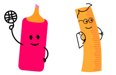 School funny office supplies characters. School stationery mascots with smile faces compass, book, marker, pen, backpack, eraser, globe, paints, calculator, bell, magnifier. Happy education supplies