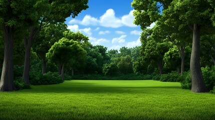 Fototapeta premium Lush Green Meadow Surrounded by Tall Trees and Bright Blue Sky with Fluffy Clouds in a Crisp Natural Landscape Scene