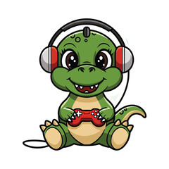 Cute Gamer Dinosaur Vector Illustration &ndash; T-Rex with Headset and Game Controller