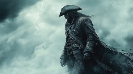 Fototapeta premium Mysterious pirate stands defiantly against a stormy sky, lightning illuminating the scene