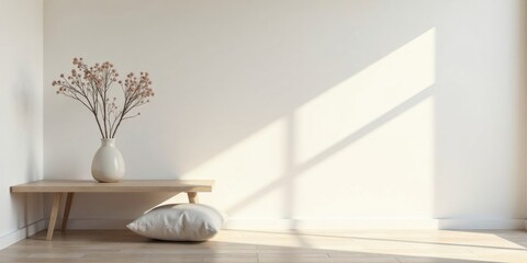 Serene Minimalist Interior Design Featuring a Wooden Bench, Dried Flowers in a Vase, and a Soft Cushion Against a Bright Wall