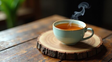 Aromatic Steam Rising from a Warm Cup of Tea on Rustic Wood