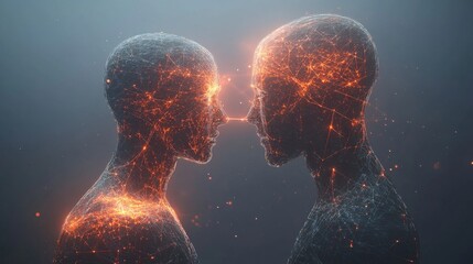 Two abstract human figures connected by a glowing bond, symbolizing unity and connection in a minimalist design.