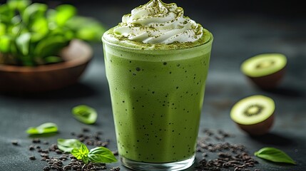 Refreshing green smoothie topped with whipped cream, surrounded by fresh ingredients and a dark background