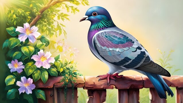 A vibrant and colorful illustration of a Kabootar, also known as a blue rock pigeon, perched on a rustic wooden fence or a crumbling stone wall, surrounded by lush green foliage and bright blooming fl