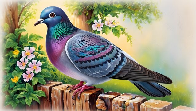 A vibrant and colorful illustration of a Kabootar, also known as a blue rock pigeon, perched on a rustic wooden fence or a crumbling stone wall, surrounded by lush green foliage and bright blooming fl