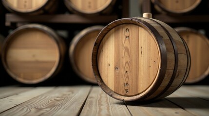 Aged Wooden Barrel on Rustic Planks A Still Life of Traditional Cask in a Warehouse Setting