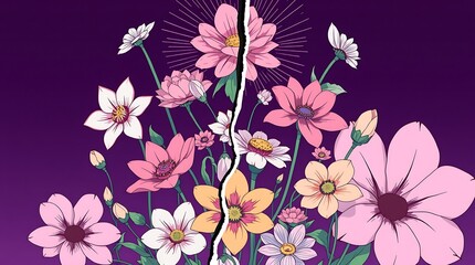 Distinct split composition in Isekai anime style depicting various flowers, expressive lines, divided sections, bold areas, vibrant colors.