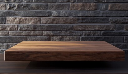 Wooden tabletop display against brick wall
