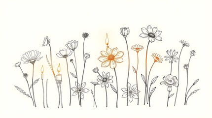 Hand-drawn sketch various kinds of flowers depicted with warm candlelight, flickering flames creating a warm glow, using rough lines and textured pencil strokes on a white background.