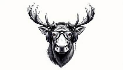 Fototapeta premium Moose Head Wearing Headphones and Glasses Animal Character Illustration