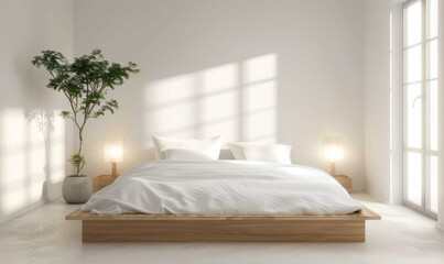 A white bed with a plant in a pot next to it