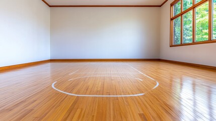 Empty Hardwood Basketball Court in Bright Room with Large Windows