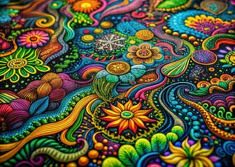 Psychedelic Abstract Colorful Doodles: Intricate Patterns on Black Background - Stock Photo