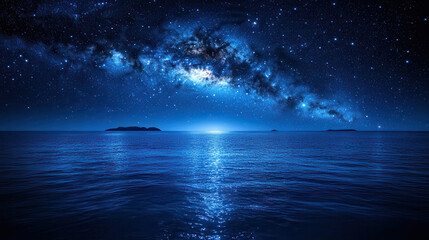 Beautiful night sky reveals a stunning view of the Milky Way galaxy over a calm ocean, highlighted by stars and a serene reflecting water surface
