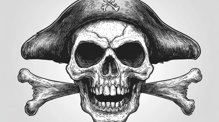 Detailed illustration of a pirate skull with crossbones on a light background, ideal for themed designs