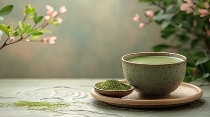 A serene scene featuring a bowl of matcha tea beside a dish of matcha powder, with delicate blossoms in the background