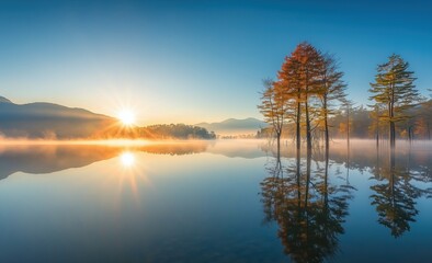 Fototapeta premium Spectacular Sunrise Over Tranquil Lake with Reflective Trees Glowing in Soft Light