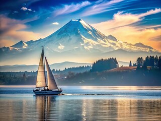 Puget Sound Sailboat, Majestic Mt. Rainier Bokeh Background Stock Photo
